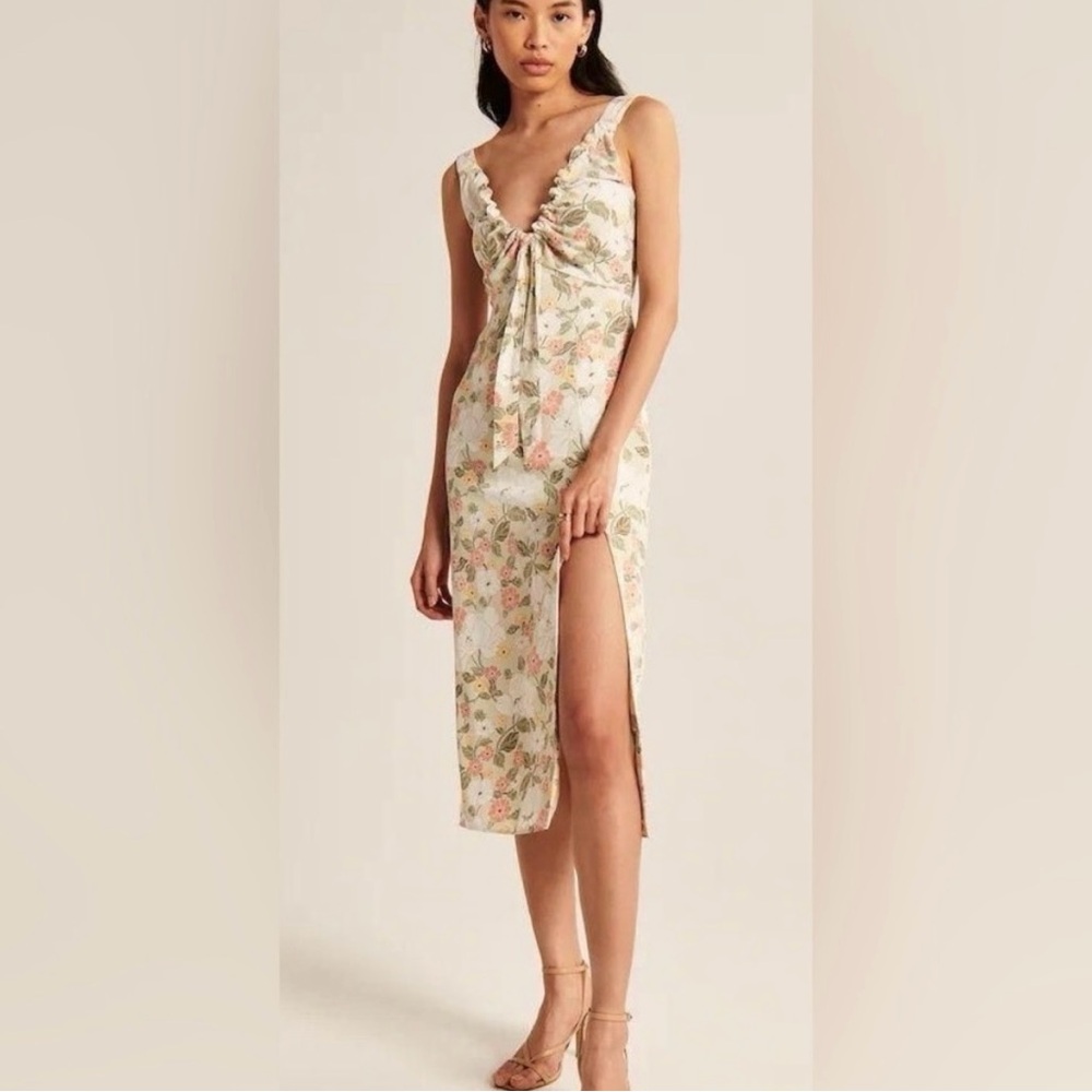 Abercrombie & Fitch Cinched Neck Slip Midi Dress Light Sage Green Floral Print